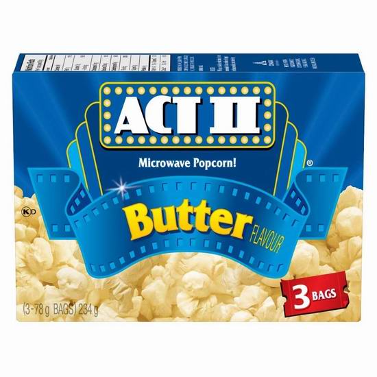  Act ii Butter 黄油口味 微波炉爆米花（3 x 78g）1.47加元！