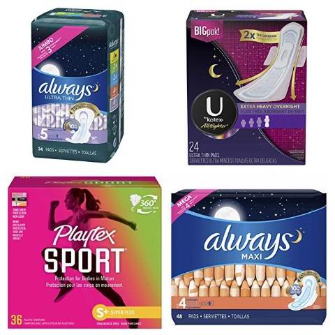  精选 Always、U by Kotex、Playtex、Carefree 等品牌卫生巾、卫生棉条4.98加元起！