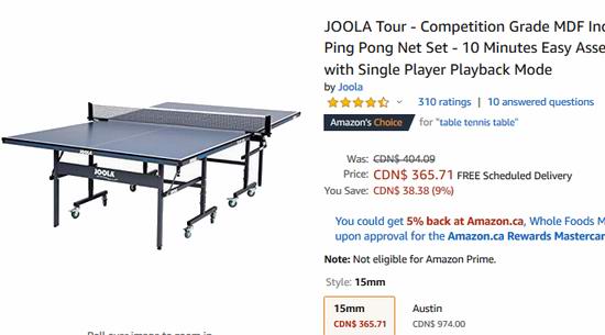 历史新低！JOOLA 德国优拉 Tour 1500 专业比赛级乒乓球桌4.7折 357.19加元包邮！比Prime Day还便宜130.81加元！