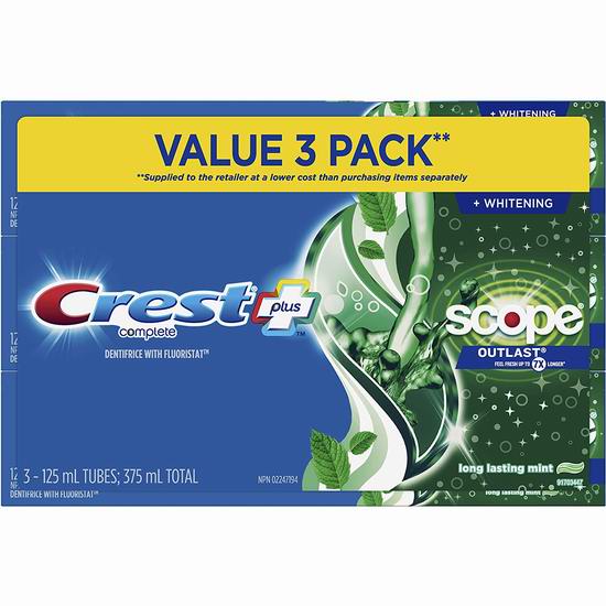  Crest 佳洁士 Complete Whitening + Scope 全效美白牙膏3支装 6.62加元！