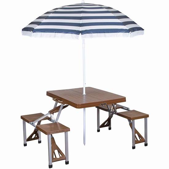  Stansport 便携式折叠餐桌椅+遮阳伞套装 99.07加元包邮！户外庭院野餐必备！