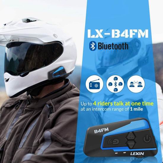  LEXIN LX-B4FM 摩托车头盔蓝牙耳机（一对） 161.5加元限量特卖并包邮！单个装93.59加元！内置对讲机，支持4方通话！