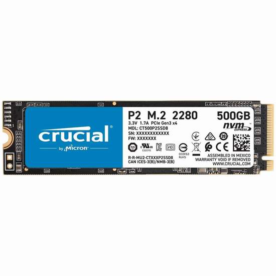  历史新低！Crucial 英睿达 P2 500GB 3D NAND NVMe PCIe M.2 SSD固态硬盘 49.99加元包邮！