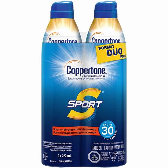  Coppertone Sport SPF30+ 水宝宝 成人防水防晒喷雾2件套（2x222ml）4.8折 9.56加元！