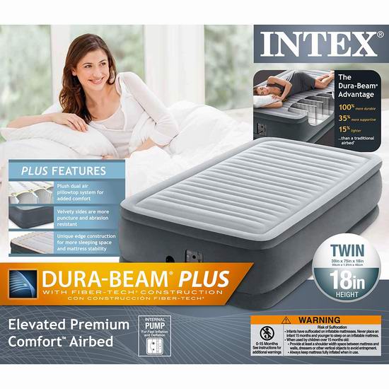  Intex Comfort Plush Elevated Dura-Beam 18英寸加高Twin充气床6.1折 54.33加元包邮！内置充气泵！
