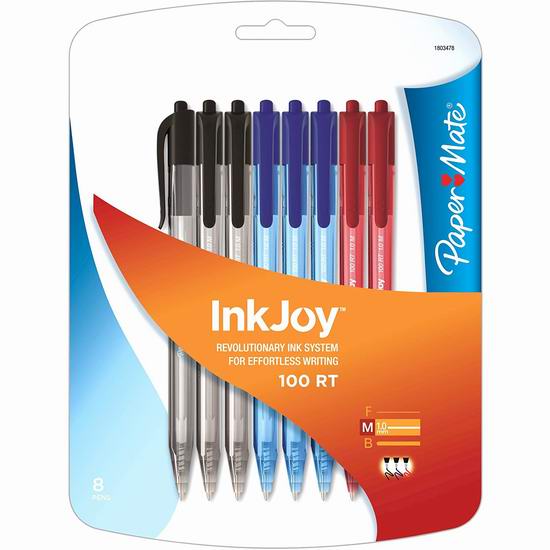  Paper Mate InkJoy 100 RT 彩色圆珠笔8件套3.9折 2.76加元！