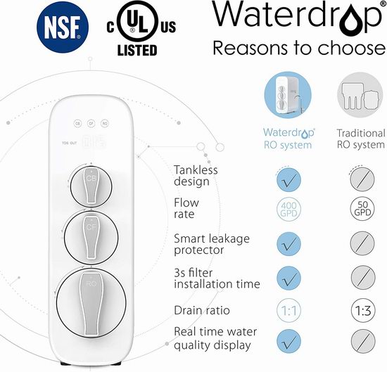 历史最低价！Waterdrop WD-G3-W 家用直饮 无罐型 智能RO反渗透饮用水过滤系统7.1折 569加元包邮！