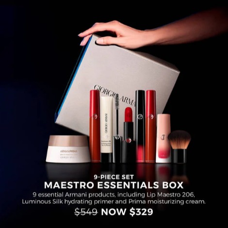  Giorgio Armani 阿玛尼Maestro Essentials礼盒装 含9支正装 6折 329.4加元（原价 549加元）+满送价值259.5加元6件套大礼包