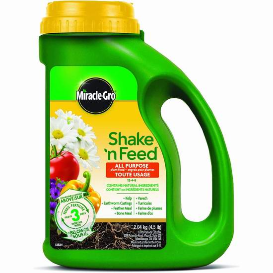  历史新低！Miracle-Gro 2670106 Shake N Feed 12-4-8 通用植物复合肥料（2.04公斤）5.3折 9加元！