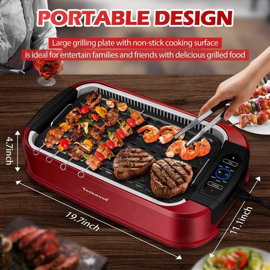  Techwood 1500W 升级版 家用无烟 麦饭石烤盘 电烧烤炉 134.98加元！自带油烟过滤系统！