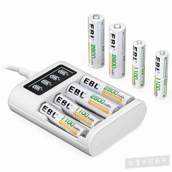  EBL 4通道电池快速充电器+8只AA/AAA镍氢充电电池套装 22.49加元！