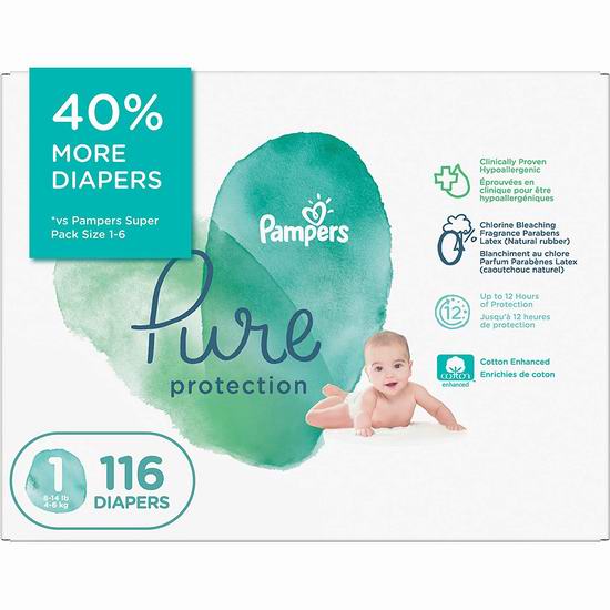  Pampers 帮宝适 Pure 婴幼儿尿不湿/纸尿裤（size 1-2，116-108张）26.58加元包邮！