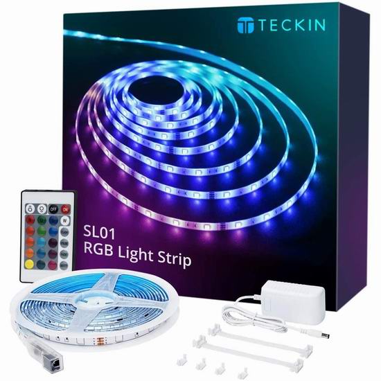  TECKIN 16.4英尺 可遥控 可调光 RGB LED炫酷背景灯条 14.44加元！另有2件套24.99加元！