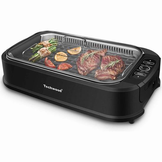  Techwood 1500W 升级版 家用无烟 麦饭石烤盘 电烧烤炉 132.98加元包邮！自带油烟过滤系统！