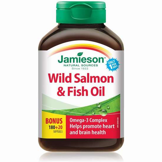  Jamieson 健美生 野生三文鱼油 Omega-3胶囊（200粒 x 1000mg）4.4折 11.39加元！