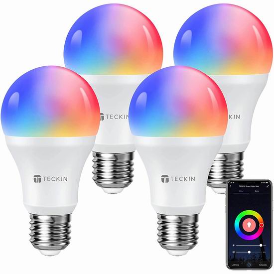 TECKIN E26 60瓦等效 RGB变色 WiFi无线 LED智能灯泡4件套 49.99加元包邮！支持手机和Alexa语音遥控！