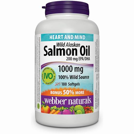  历史新低！Webber Naturals Wild Alaskan Salmon 阿拉斯加野生深海鱼油（1000mg x 180粒） 10.99加元！