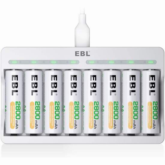  EBL 8通道电池快速充电器+8只AA镍氢充电电池套装 31.99加元！