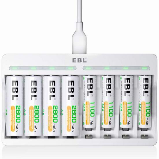  EBL 8通道电池快速充电器+8只AA/AAA镍氢充电电池套装 28.89加元！