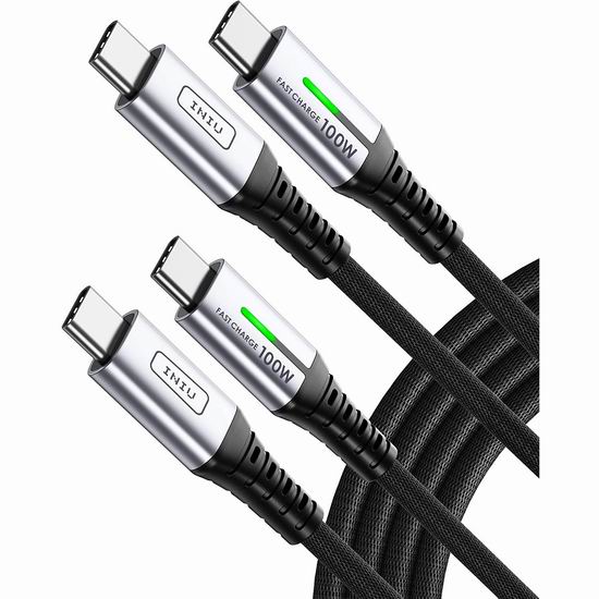  INIU USB C to USB C 100W 充电线缆/数据线2件套4折 11.99加元！
