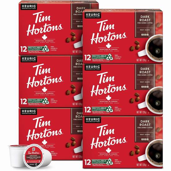  Tim Hortons Dark Roast K-Cup 胶囊咖啡（6x12粒）7.8折 51.24加元包邮！单粒仅0.73加元！2款可选！