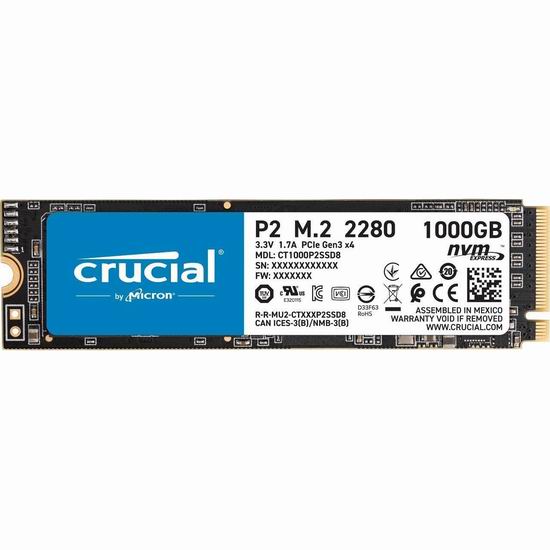  历史新低！Crucial 英睿达 P2 1TB 3D NAND NVMe PCIe M.2 SSD固态硬盘 89.75加元包邮！