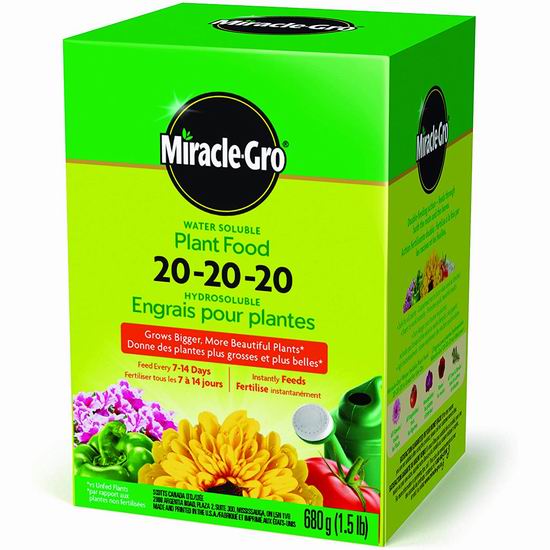  Miracle-Gro 1150612 20-20-20 水溶性植物复合肥料（1.5磅） 10.98加元（原价 11.99加元）！