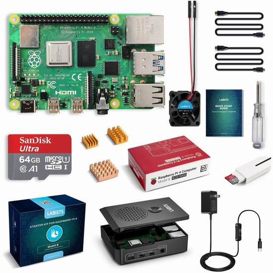  历史新低！LABISTS Raspberry Pi 4 树莓派4 + 主机板（4GB内存）+64GB Micro SD卡+电源 入门套件 108.99加元包邮！