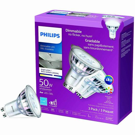  超级白菜！Philips 飞利浦 468124 Led 50瓦等效 GU10 节能射灯3件套1.1折 2.66加元清仓！