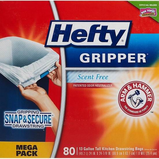  Hefty Gripper 13加仑 除臭 加深 白色厨房垃圾袋80件套 12.66加元包邮！