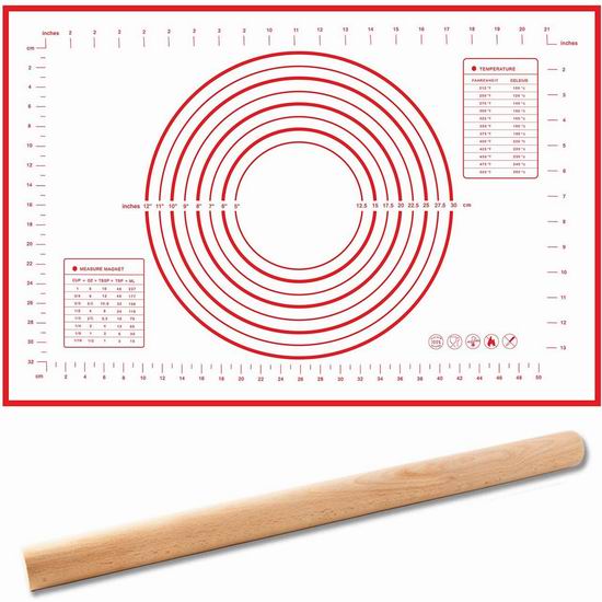  Covotna 食品级硅胶 不粘擀皮揉面垫/糕点垫+实木擀面杖套装 12.74加元限量特卖！另有不同组合促销！