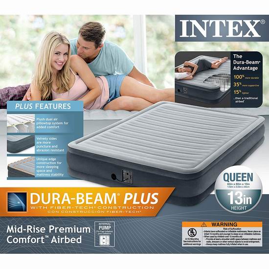  Intex Comfort Plush 13英寸Queen充气床6.3折 82.41加元包邮！内置电动充气泵！