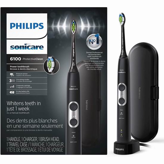  Philips 飞利浦 Sonicare 6100系列 声波震动 电动牙刷6.6折 105.94加元包邮！4色可选！