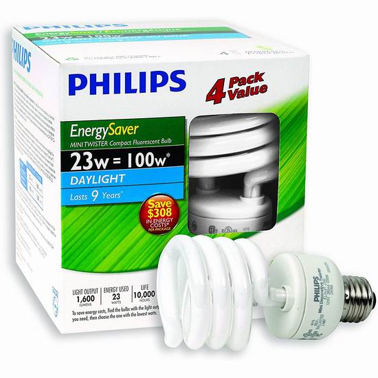  超级白菜！Philips 飞利浦 416016 CFL 100瓦等效 Mini T2 LED节能灯4件套1.8折 4.75加元清仓！