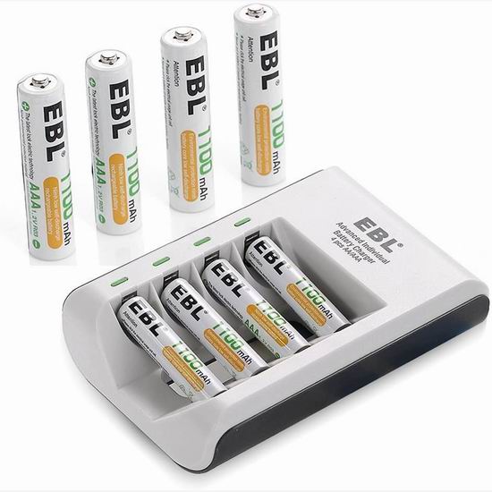  历史新低！EBL 4通道电池快速充电器+8只AAA镍氢充电电池套装 13.99加元清仓！