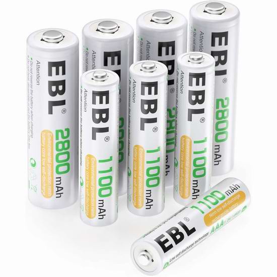  EBL 1100mAh/2800mAh Ni-MH AAA/AA镍氢充电电池4+4只装 15.29加元！