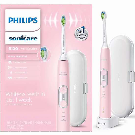  历史最低价！Philips 飞利浦 Sonicare 6100系列 声波震动 美白电动牙刷6.6折 99.99加元包邮！2色可选！