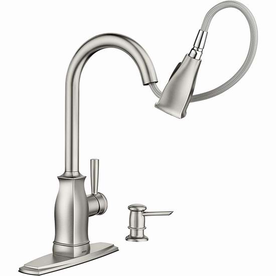  Moen 摩恩 Hensley 87024MSRS 可拔出式 防指纹不锈钢厨房水龙头5.4折 157加元包邮！Home Depot同款313加元！会员专享！