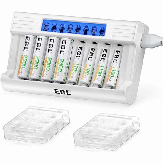 历史新低！EBL 8通道电池充电器+4只AA+4只AAA镍氢充电电池套装5折 22.93加元包邮！免税！