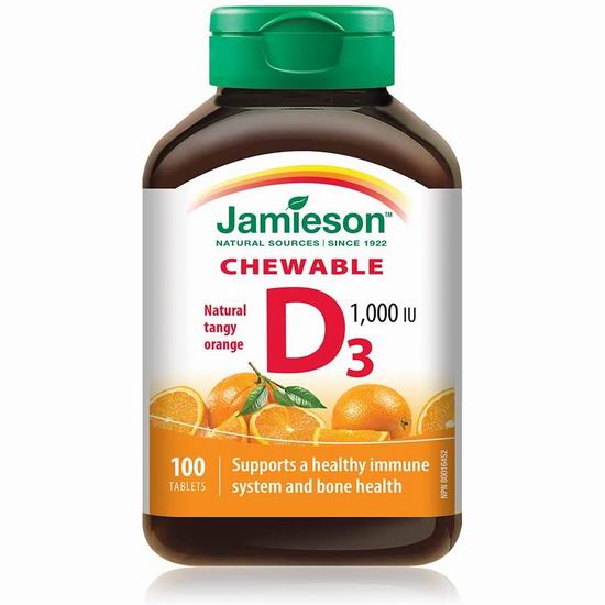  Jamieson 健美生 橙子味 维生素D3咀嚼片（100片） 3.04加元（原价 10.99加元）！巧克力味3.2加元