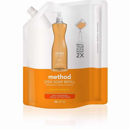  Method 柑橘味 纯天然 纯净浓缩 餐具洗洁精 补充装（1升x2袋）9.98加元！