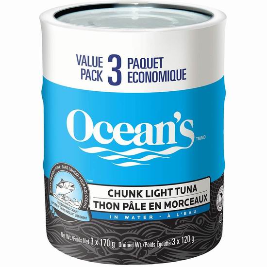 历史新低！Ocean's Chunk Light 高蛋白 金枪鱼罐头超值装（170克x3罐）4.3折 2.61加元清仓！