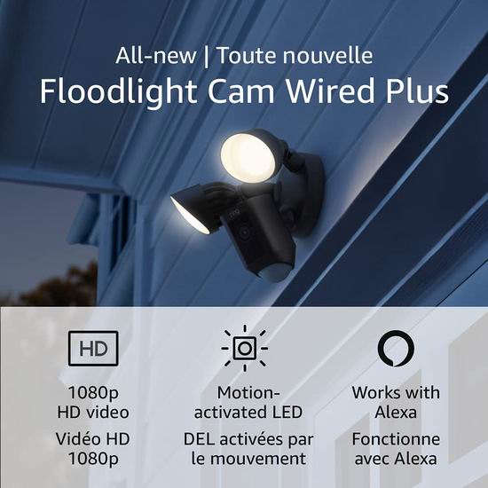 Ring Floodlight Cam Plus 超亮感应照明/双向语音/警笛 家庭安防摄像头6.5折 169.99加元包邮！2色可选！