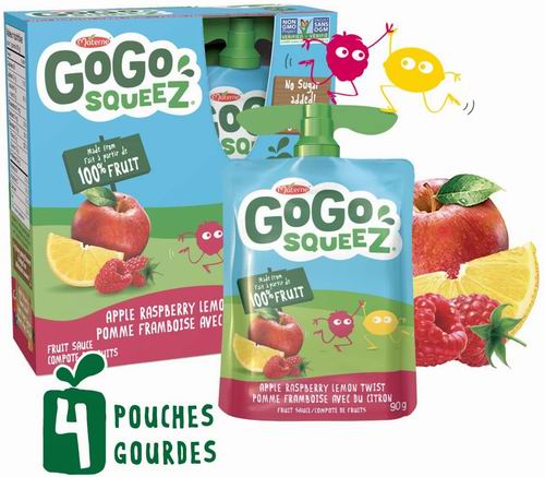  GoGo squeeZ 无糖苹果覆盆子柠檬 100%纯鲜果泥 4袋 2加元，原价 3.29加元