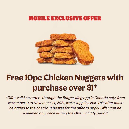  Burger King 汉堡王 下单满$1 就送10pc炸鸡块+Whopper汉堡！
