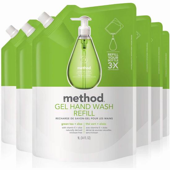  历史新低！Method Gel 天然果味清香芦荟泡沫洗手液补充装（1升x6袋）6折 25.05加元！