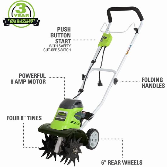 GreenWorks 27072 8安培 10英寸电动翻土机 144.49加元包邮！