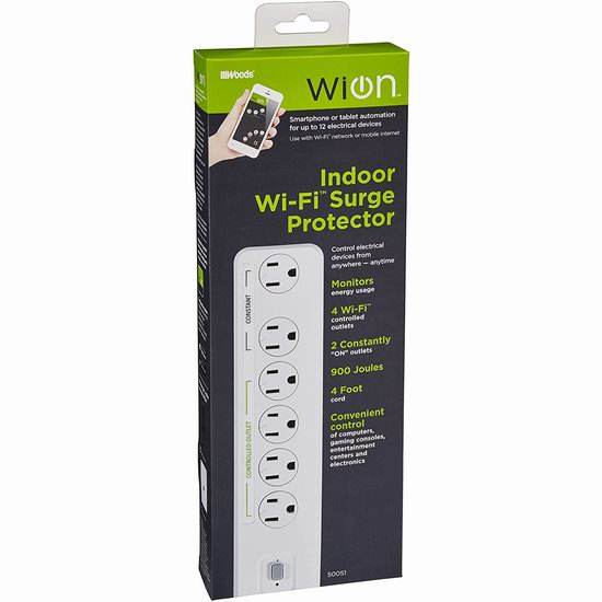  白菜速抢！历史新低！Woods WiOn 50051 WiFi 6插口 电涌保护 智能插线板3折 17.98加元清仓！