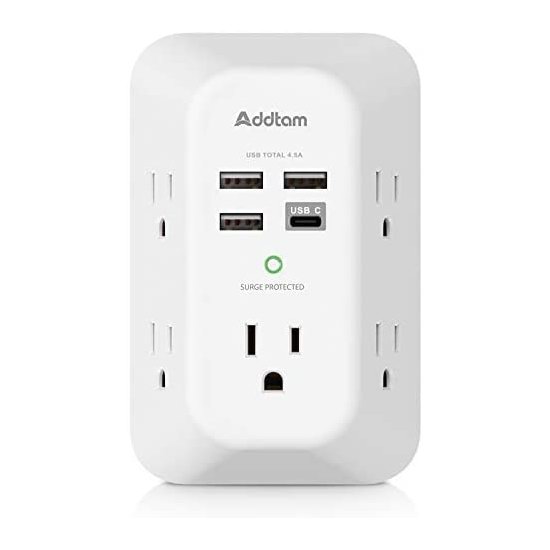  Addtam 电涌保护 壁插式5口插座 + 4 USB充电口插座6.5折 16.99加元！双口墙插秒变9口！2色可选！