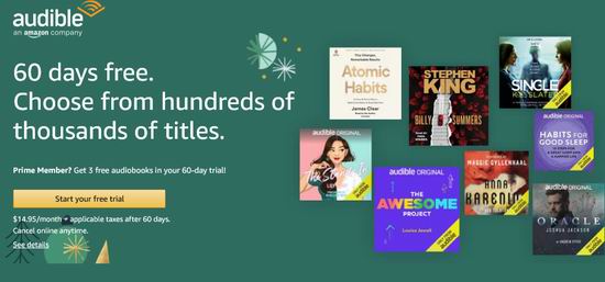 Amazon Audible 亚马逊有声读物服务 免费送60天会员 送2 3本有声电子书 加拿大打折网